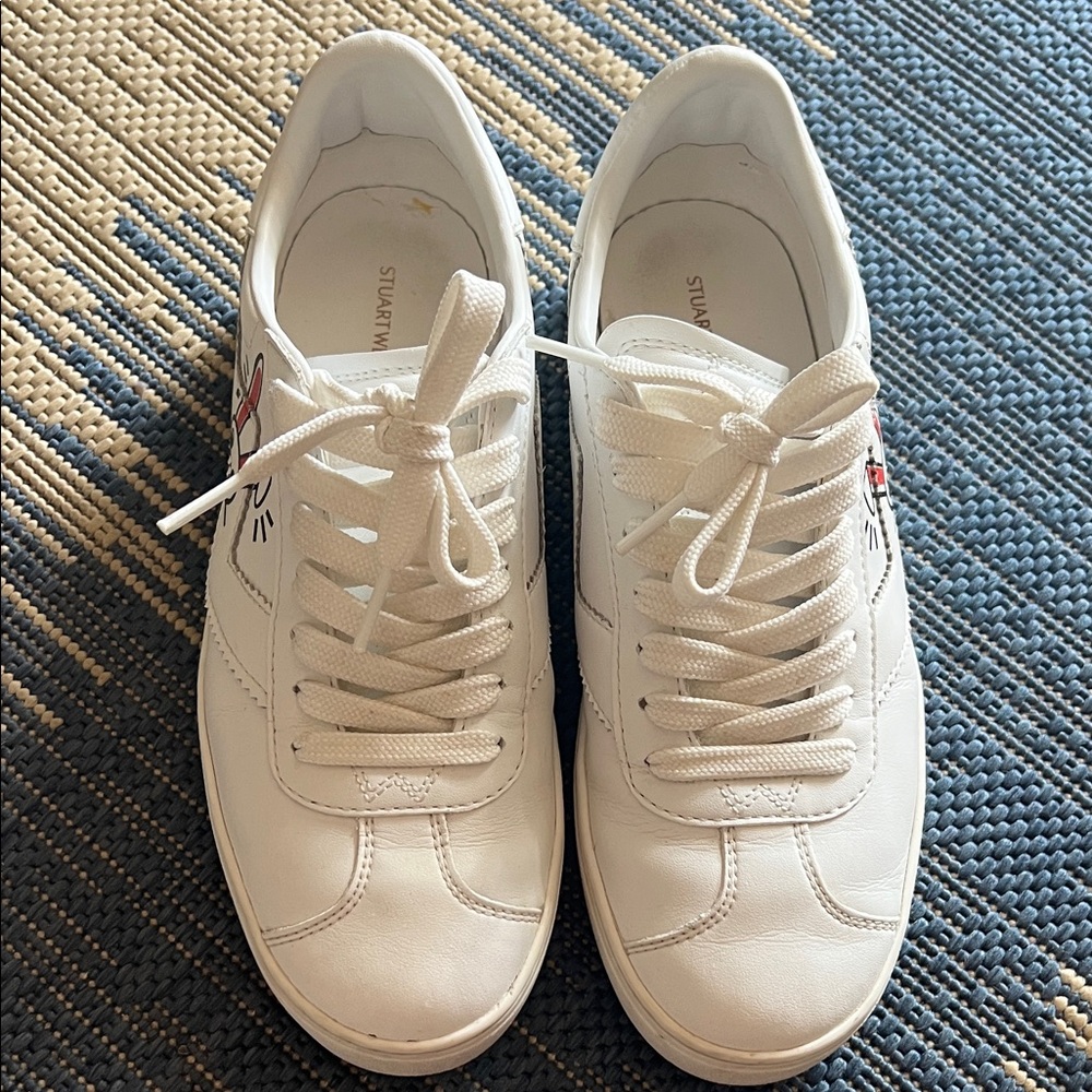 Stuart Weitzman White Leather Lace-Up Sneakers with Red & Black Side Detail
